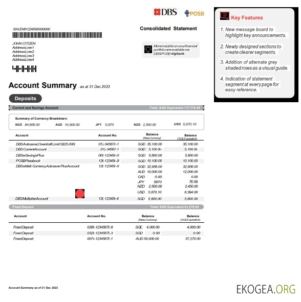 Modèle Word et PDF de relevé bancaire DBS de Singapour, version 2